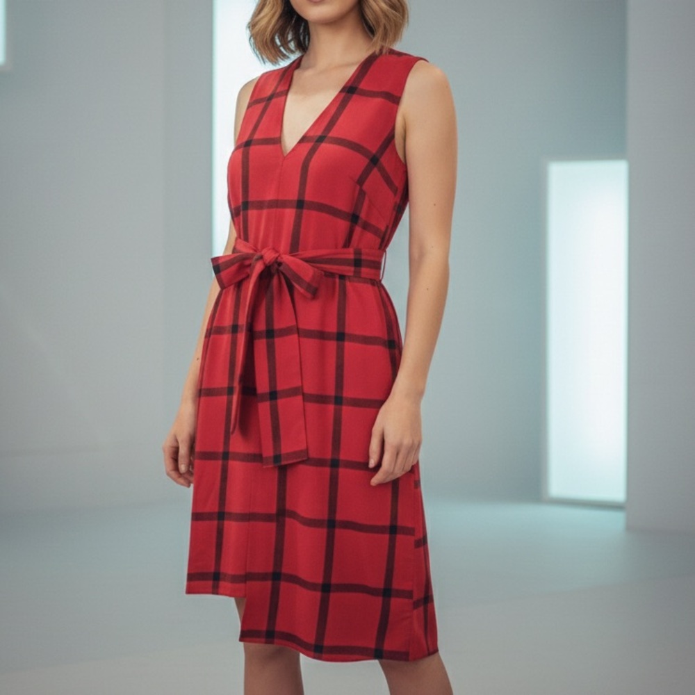 Cheap Monday Rizzle Check Red Flannel Asymmetric Stepped Hem Dress Size S